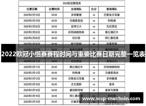 2022欧冠小组赛赛程时间与重要比赛日期完整一览表